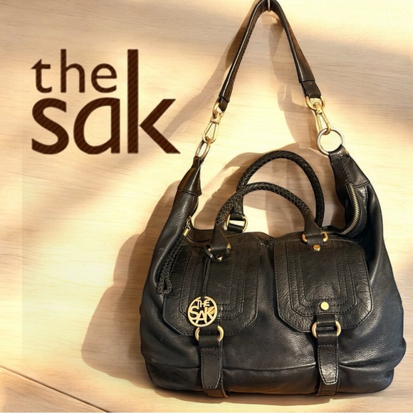 The Sak Black Soft Leather Double Strap Boho Chic Shoulder Bag Gold Accents